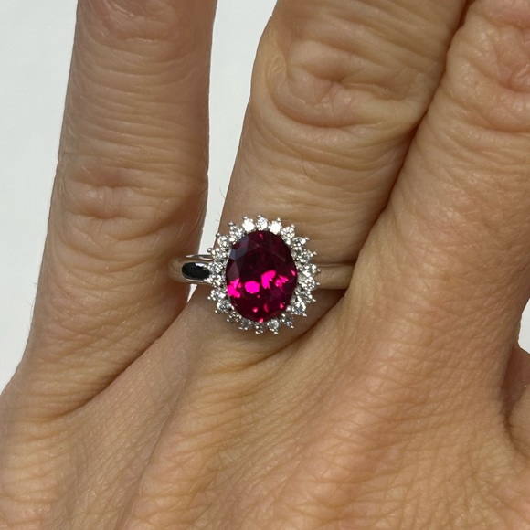 Suzy Levian Sterling Silver Oval Cut Red CZ & White CZ Halo Ring NWT - Picture 4 of 7